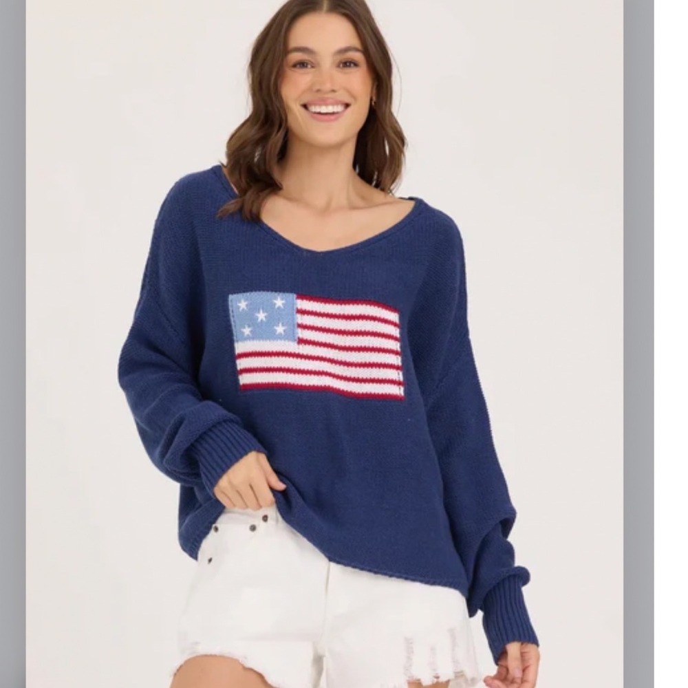 Vintage Havana Womens American‎ Flag Oversized Knit Sweater Navy Blue Small